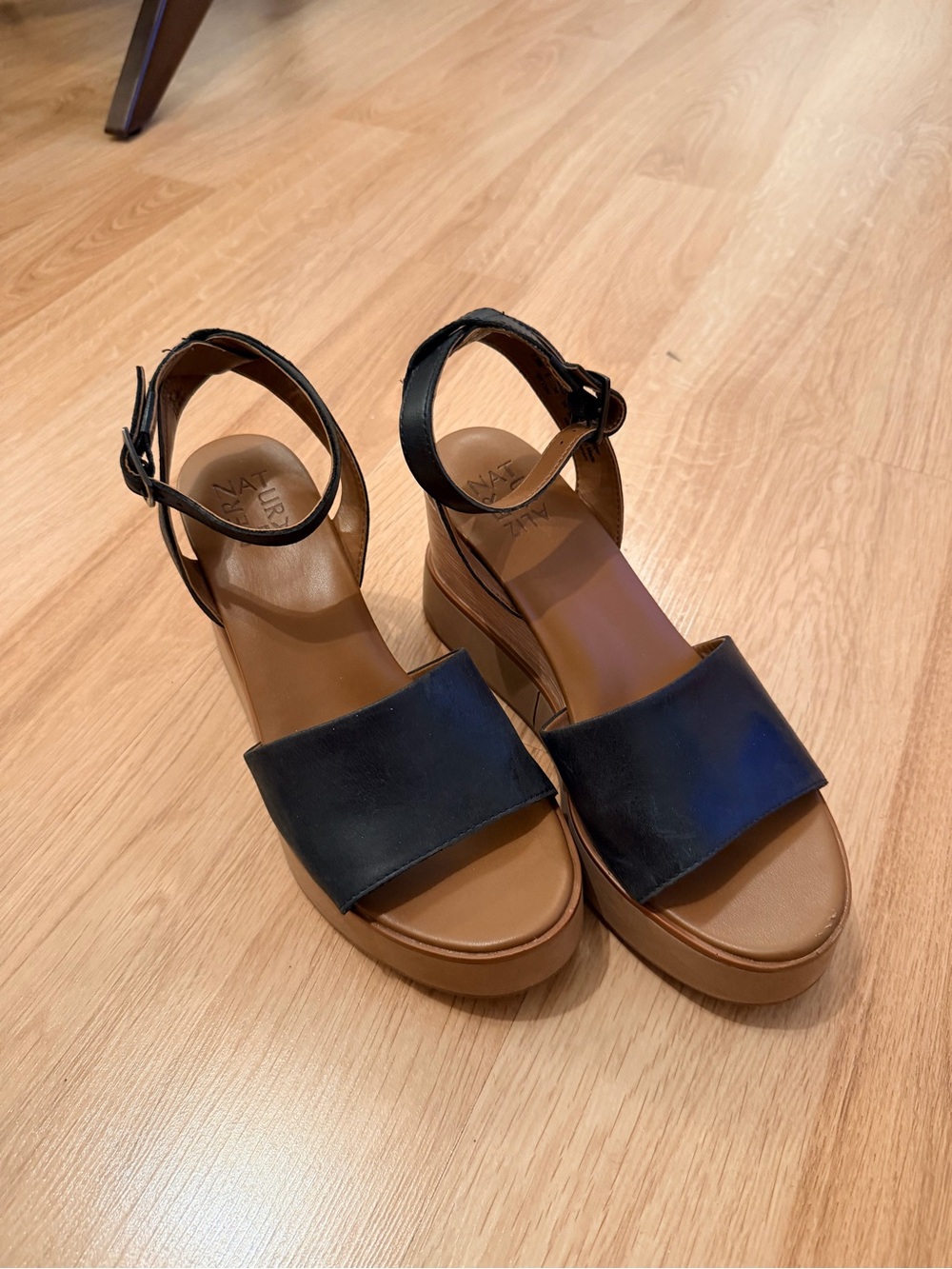 Naturalizer Black Leather Ankle-Strap Platform Wedges
